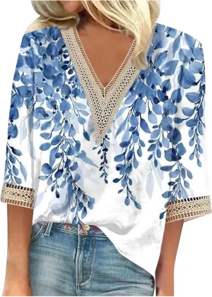 Womens Tops Casual 3/4 Sleeve Summer Tops for Women Lace Trim V Neck Shirts Summer Blouses Floral Print Clothing