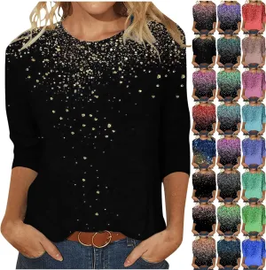 Womens Tops Dressy Casual 3/4 Sleeve Round Neck Shirt Funny False Sequin Print Loose Blouse Spring Summer Fashion Top