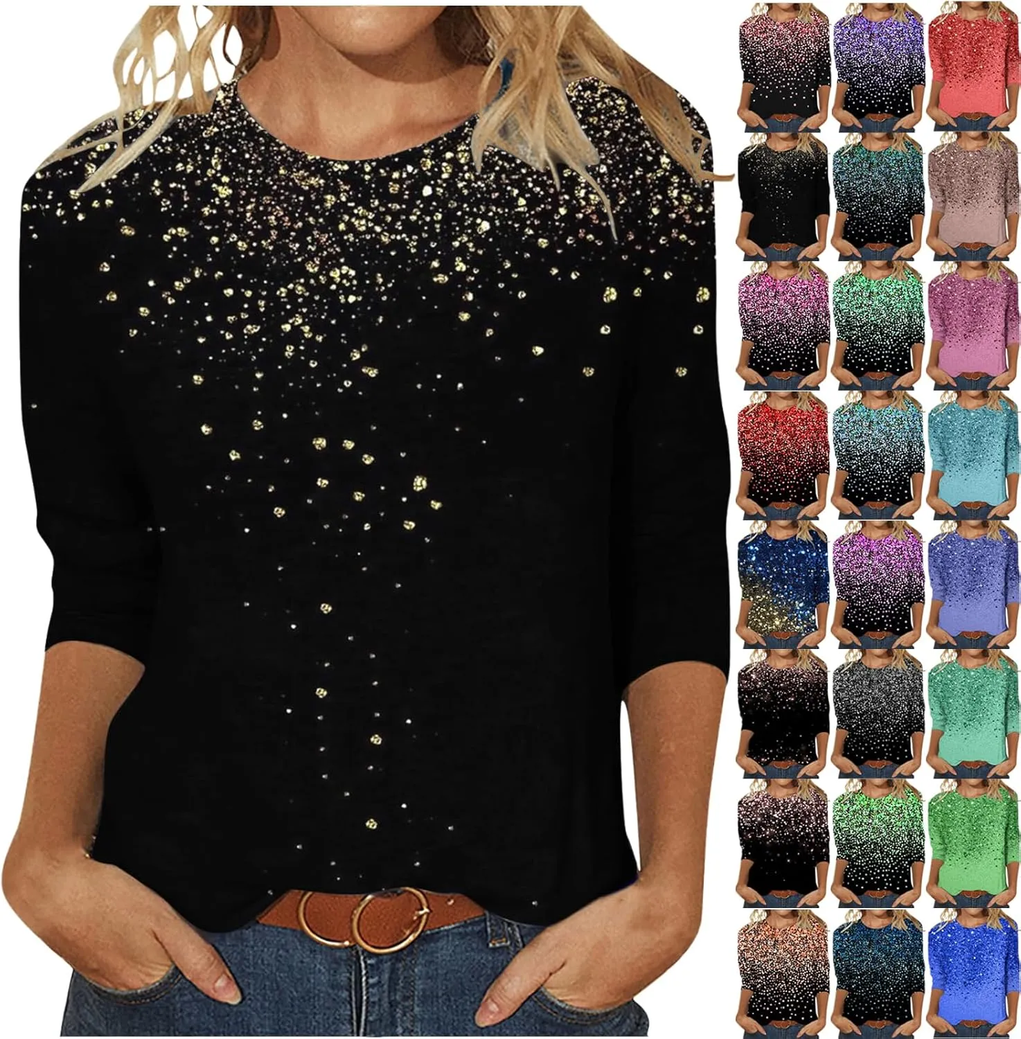 Womens Tops Dressy Casual 3/4 Sleeve Round Neck Shirt Funny False Sequin Print Loose Blouse Spring Summer Fashion Top