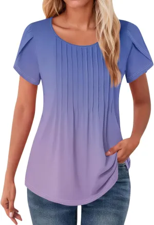 Womens Tops Petal Short Sleeve Summer Dressy Casual Crew Neck Shirts Floral Print Blouses Pleated Tunics