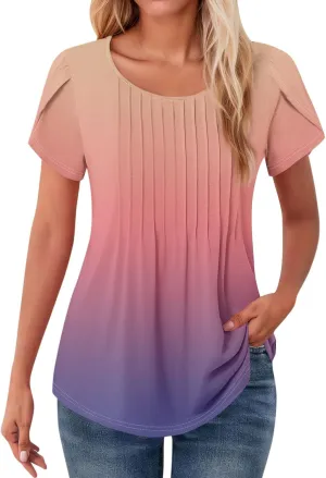 Womens Tops Petal Short Sleeve Summer Dressy Casual Crew Neck Shirts Floral Print Blouses Pleated Tunics