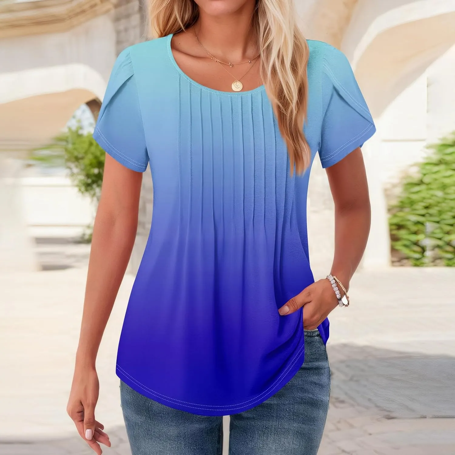 Womens Tops Petal Short Sleeve Summer Dressy Casual Crew Neck Shirts Floral Print Blouses Pleated Tunics