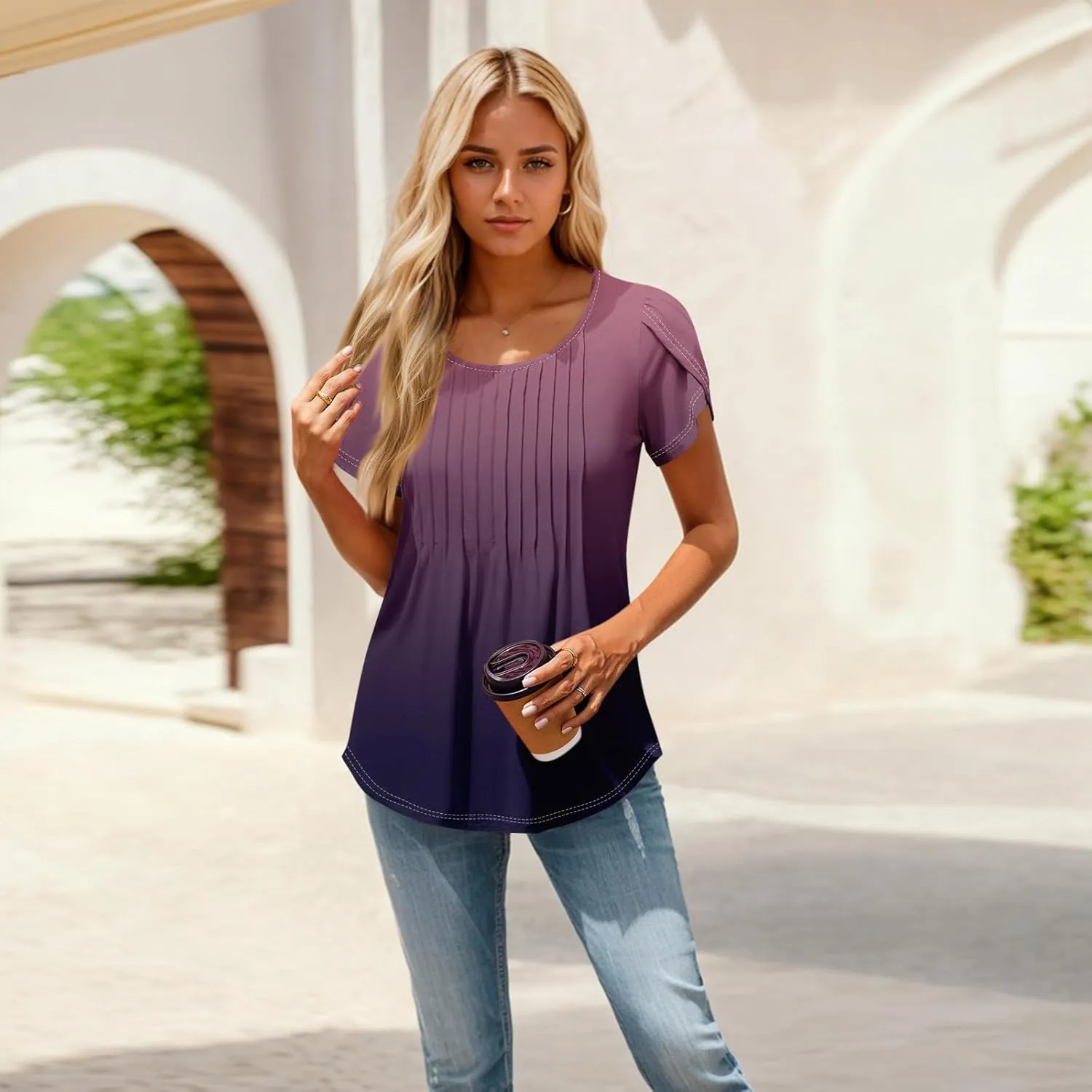 Womens Tops Petal Short Sleeve Summer Dressy Casual Crew Neck Shirts Floral Print Blouses Pleated Tunics