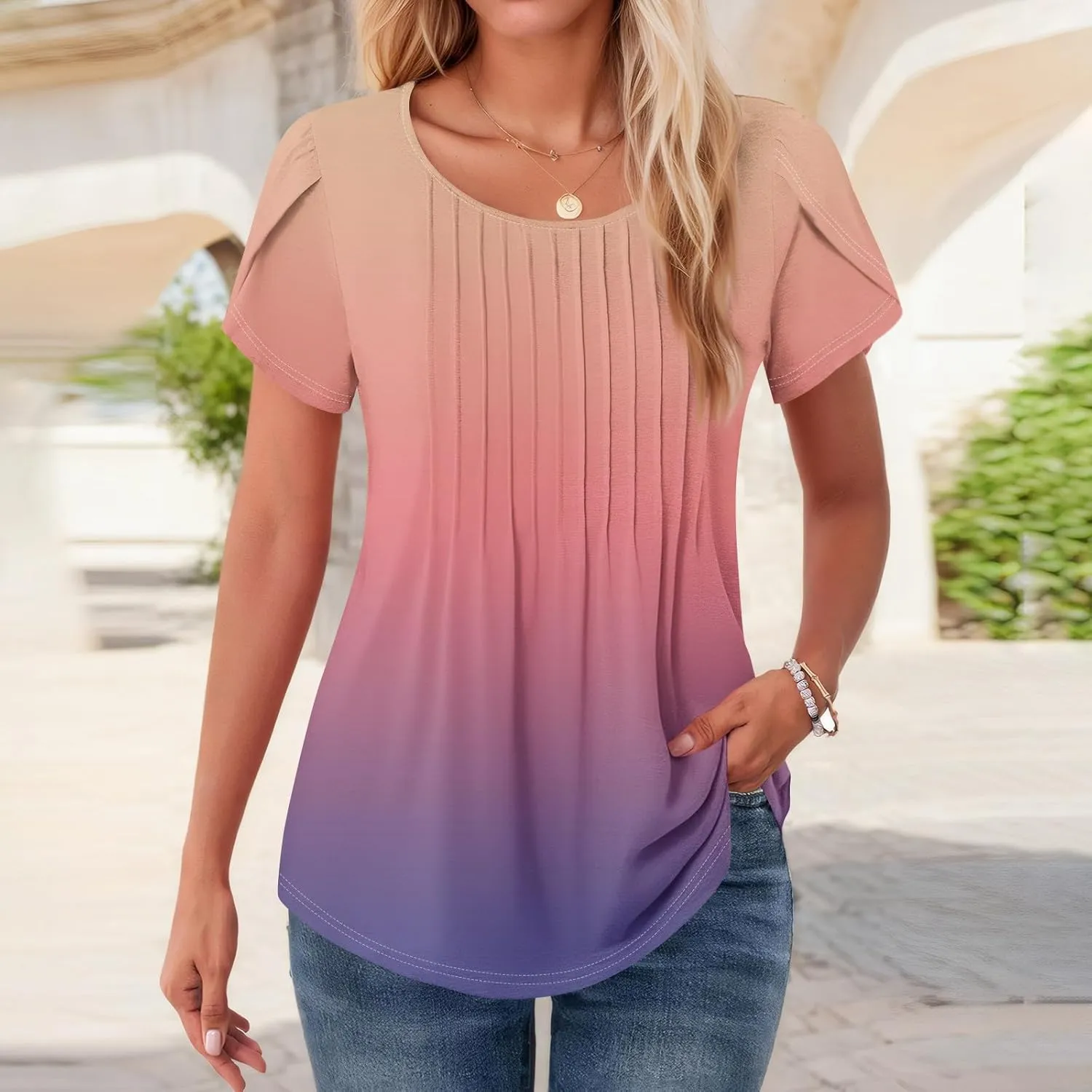 Womens Tops Petal Short Sleeve Summer Dressy Casual Crew Neck Shirts Floral Print Blouses Pleated Tunics