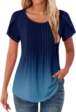 Womens Tops Petal Short Sleeve Summer Dressy Casual Crew Neck Shirts Floral Print Blouses Pleated Tunics
