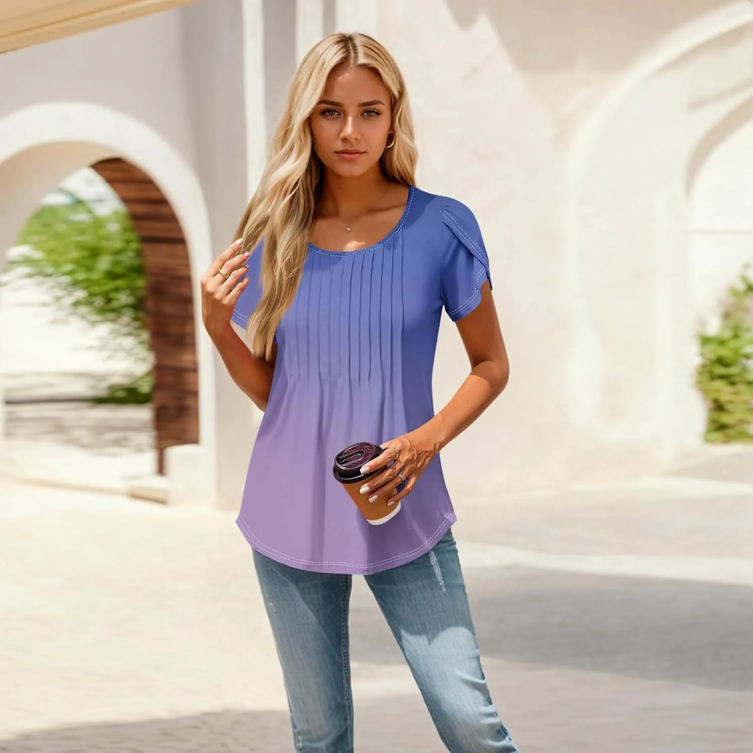 Womens Tops Petal Short Sleeve Summer Dressy Casual Crew Neck Shirts Floral Print Blouses Pleated Tunics