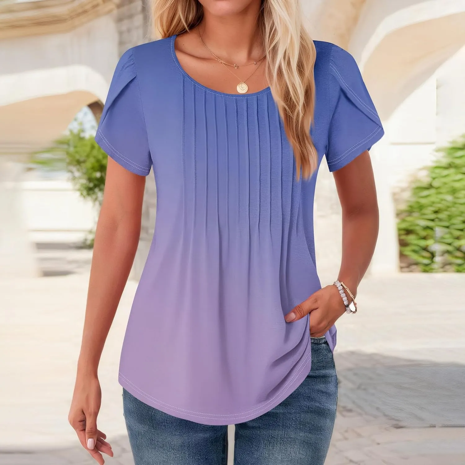 Womens Tops Petal Short Sleeve Summer Dressy Casual Crew Neck Shirts Floral Print Blouses Pleated Tunics