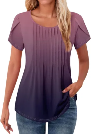 Womens Tops Petal Short Sleeve Summer Dressy Casual Crew Neck Shirts Floral Print Blouses Pleated Tunics
