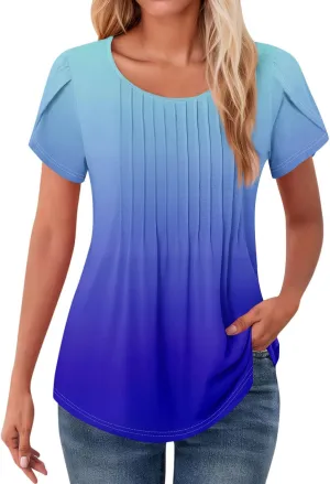 Womens Tops Petal Short Sleeve Summer Dressy Casual Crew Neck Shirts Floral Print Blouses Pleated Tunics