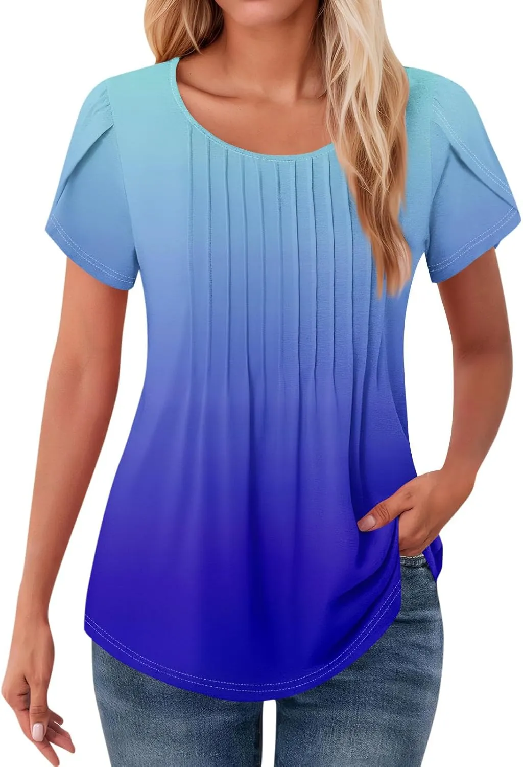 Womens Tops Petal Short Sleeve Summer Dressy Casual Crew Neck Shirts Floral Print Blouses Pleated Tunics