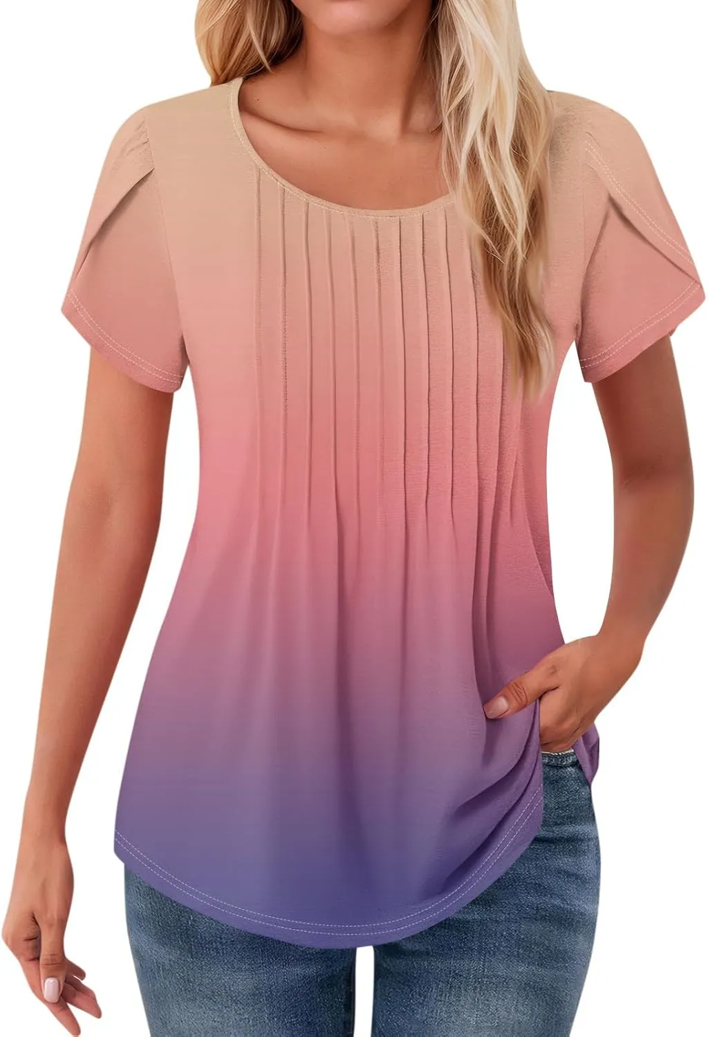 Womens Tops Petal Short Sleeve Summer Dressy Casual Crew Neck Shirts Floral Print Blouses Pleated Tunics