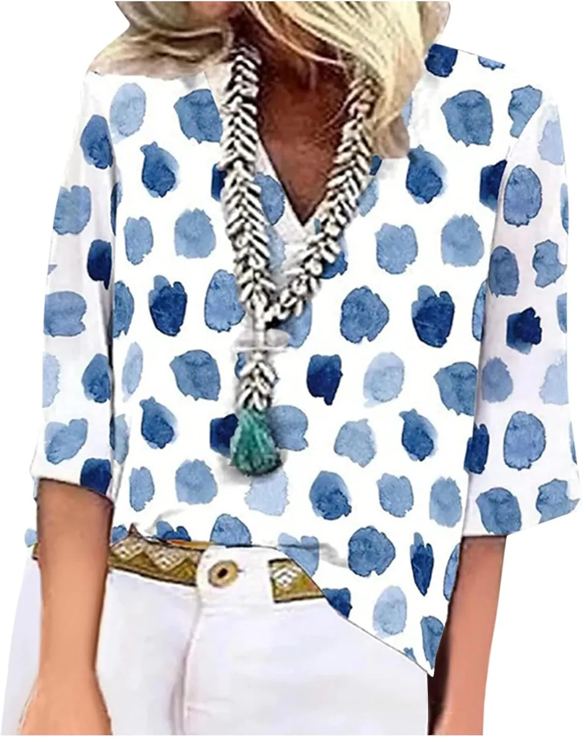 Womens Tops Summer Lace Crochet V Neck 3/4 Sleeve Shirts Vintage Floral Hollow Out Dressy Casual Blouse Sexy Tunic