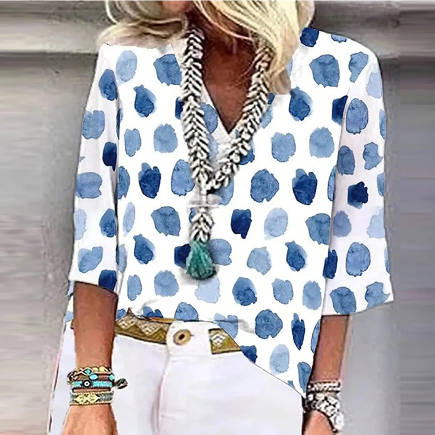 Womens Tops Summer Lace Crochet V Neck 3/4 Sleeve Shirts Vintage Floral Hollow Out Dressy Casual Blouse Sexy Tunic
