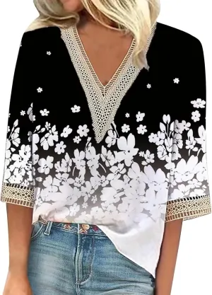 Womens Tops Summer Lace Crochet V Neck 3/4 Sleeve Shirts Vintage Floral Hollow Out Dressy Casual Blouse Sexy Tunic