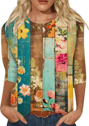Women's Tops Trendy Casual 3/4 Sleeve Blouses Cute Boho Floral Shirts Loose Fit Dressy Crew Neck Tops