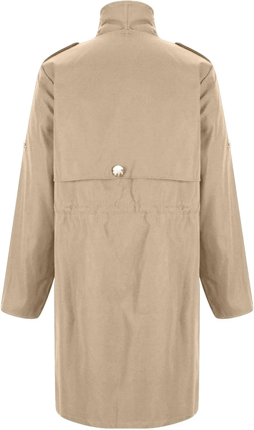Womens Trench Coat Rolled-up Sleeves Loose Waist Jackets Mid-length Long Sleeve Windproof Coat Outerwear