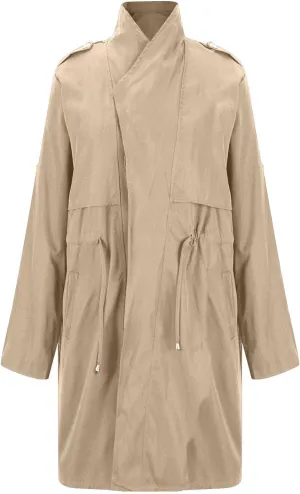 Womens Trench Coat Rolled-up Sleeves Loose Waist Jackets Mid-length Long Sleeve Windproof Coat Outerwear