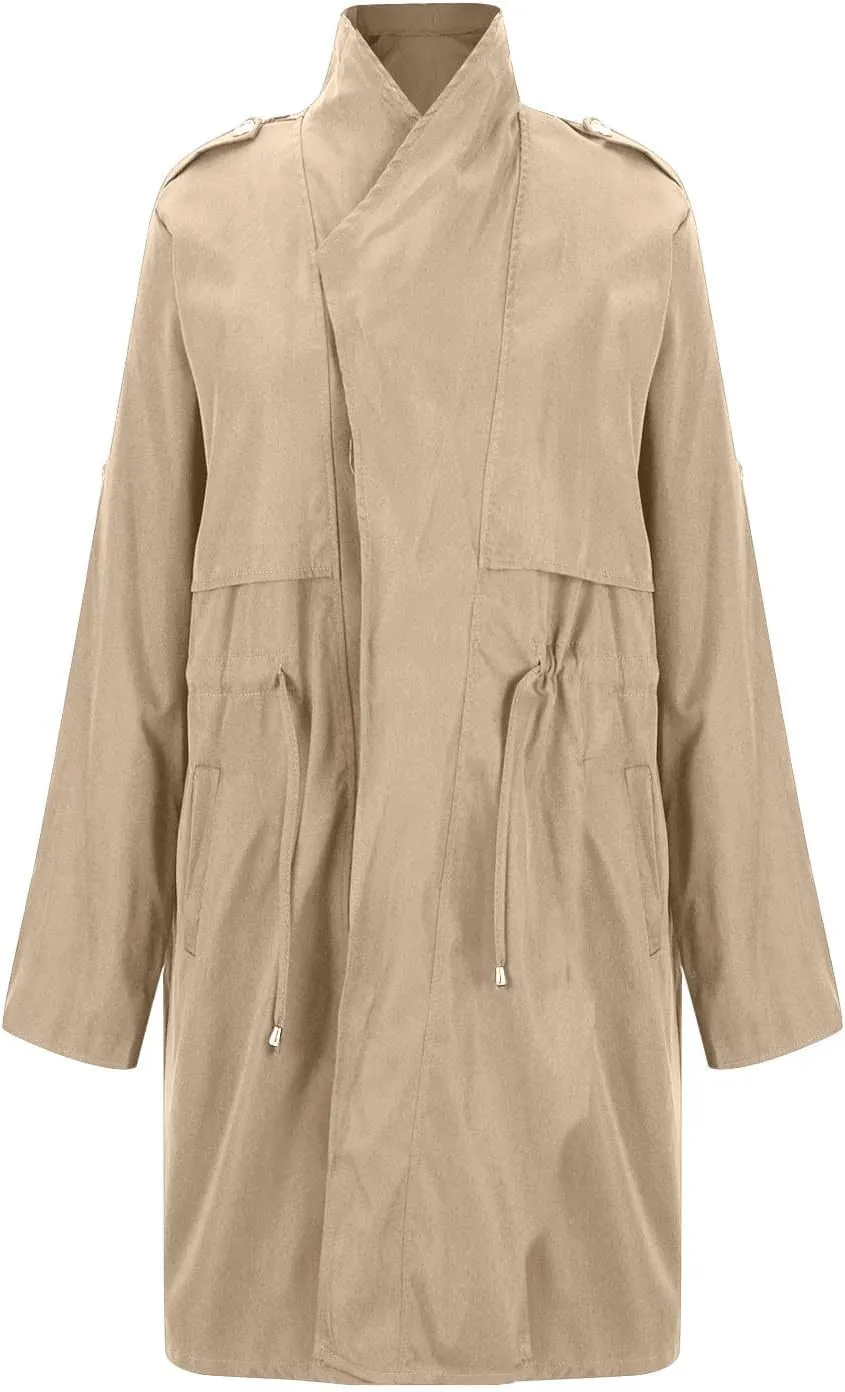 Womens Trench Coat Rolled-up Sleeves Loose Waist Jackets Mid-length Long Sleeve Windproof Coat Outerwear