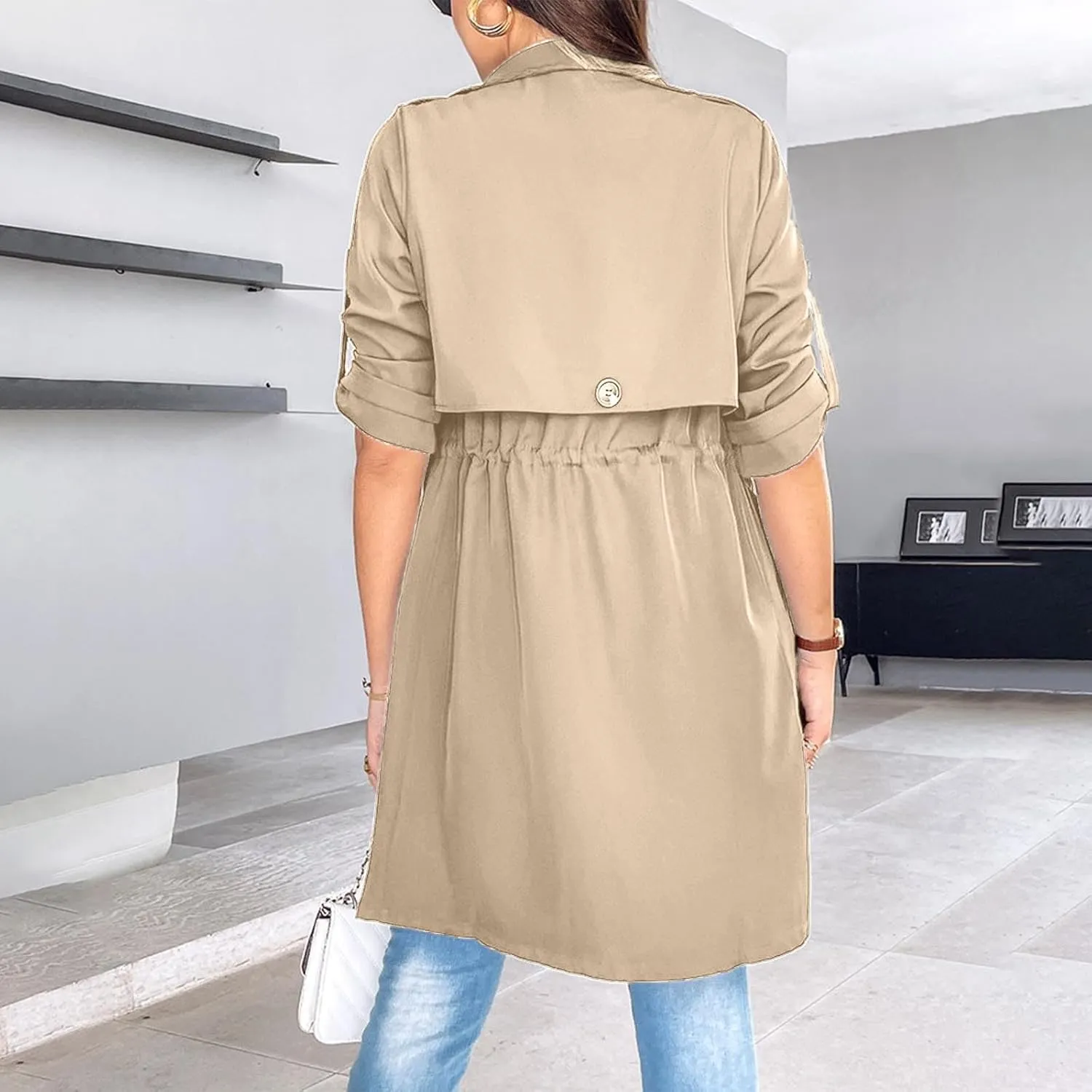 Womens Trench Coat Rolled-up Sleeves Loose Waist Jackets Mid-length Long Sleeve Windproof Coat Outerwear