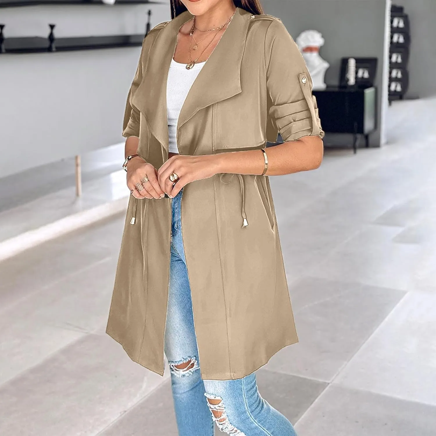 Womens Trench Coat Rolled-up Sleeves Loose Waist Jackets Mid-length Long Sleeve Windproof Coat Outerwear