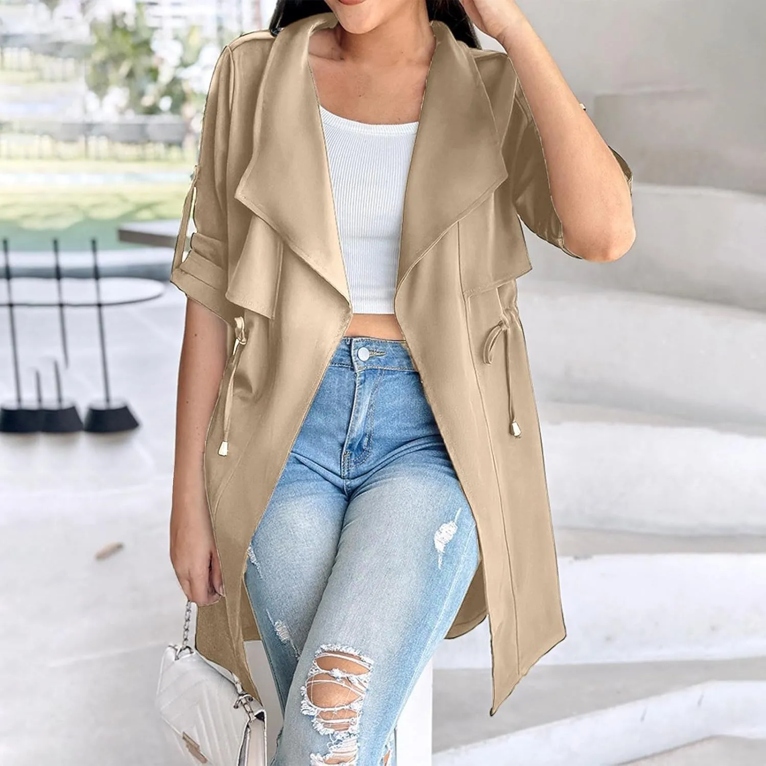 Womens Trench Coat Rolled-up Sleeves Loose Waist Jackets Mid-length Long Sleeve Windproof Coat Outerwear