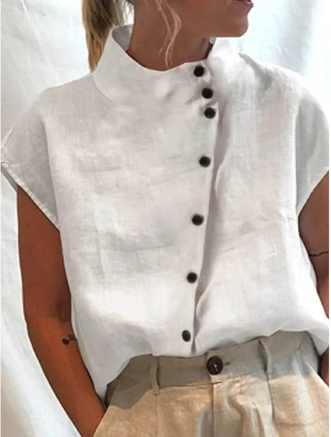 Womens Tshirts Cotton Linen High Neck Cap Sleeve Shirt Summer Fashion Casual Cotton Linen Blouses Trendy Tops