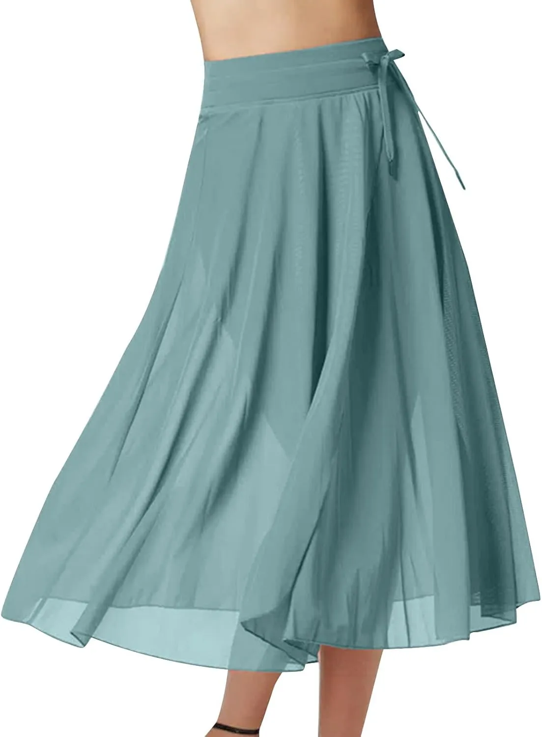 Women's Tulle Skirts Midi Elastic High Waist Flowy Pleated A-Line Mesh Party Long Skirts Swing Summer Beach Skirts