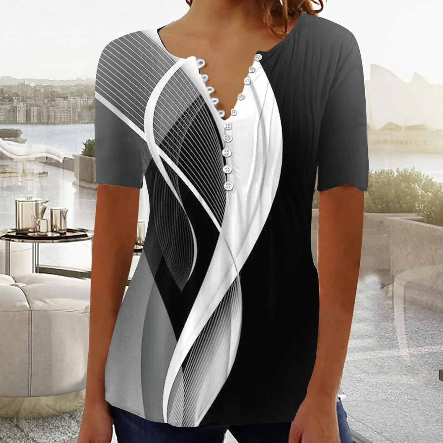 Womens Tunic Tops,Trendy Boho Floral Mosaic Tunic Shirts Short Sleeve Button Vneck Tshirt Casual Relaxed Blouse