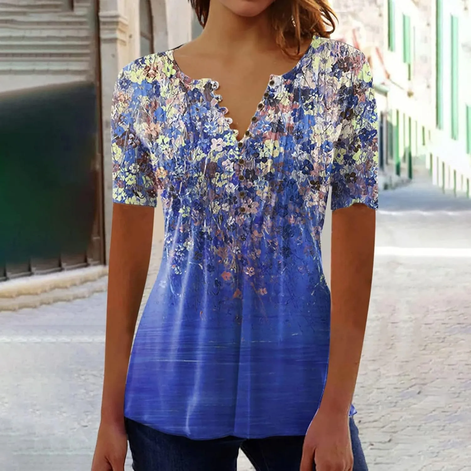 Womens Tunic Tops,Trendy Boho Floral Mosaic Tunic Shirts Short Sleeve Button Vneck Tshirt Casual Relaxed Blouse