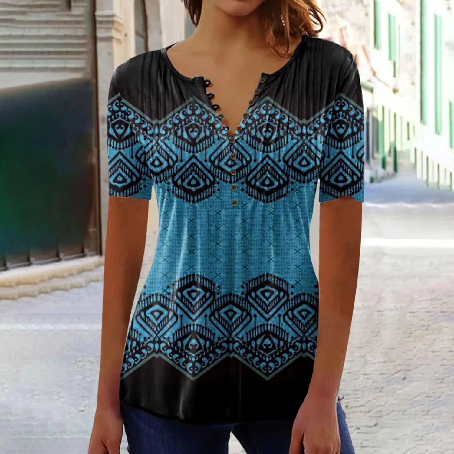 Womens Tunic Tops,Trendy Boho Floral Mosaic Tunic Shirts Short Sleeve Button Vneck Tshirt Casual Relaxed Blouse