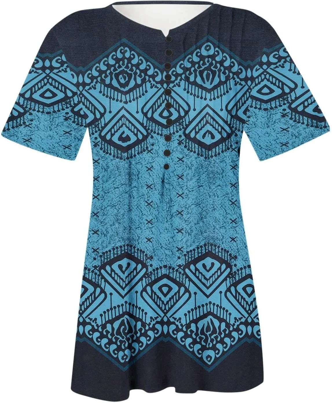 Womens Tunic Tops,Trendy Boho Floral Mosaic Tunic Shirts Short Sleeve Button Vneck Tshirt Casual Relaxed Blouse