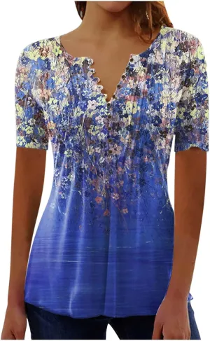 Womens Tunic Tops,Trendy Boho Floral Mosaic Tunic Shirts Short Sleeve Button Vneck Tshirt Casual Relaxed Blouse