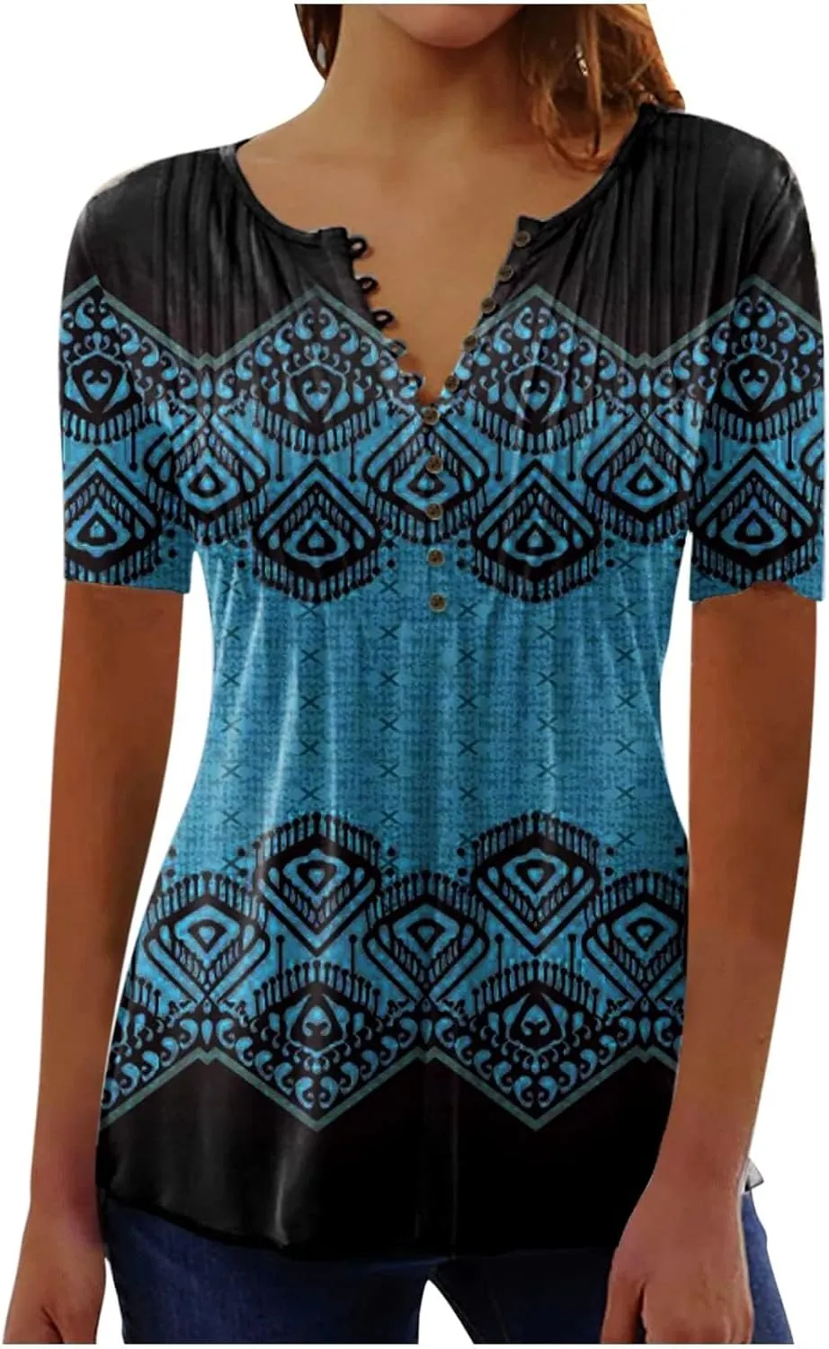 Womens Tunic Tops,Trendy Boho Floral Mosaic Tunic Shirts Short Sleeve Button Vneck Tshirt Casual Relaxed Blouse