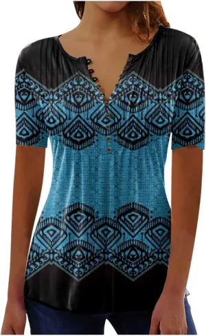 Womens Tunic Tops,Trendy Boho Floral Mosaic Tunic Shirts Short Sleeve Button Vneck Tshirt Casual Relaxed Blouse