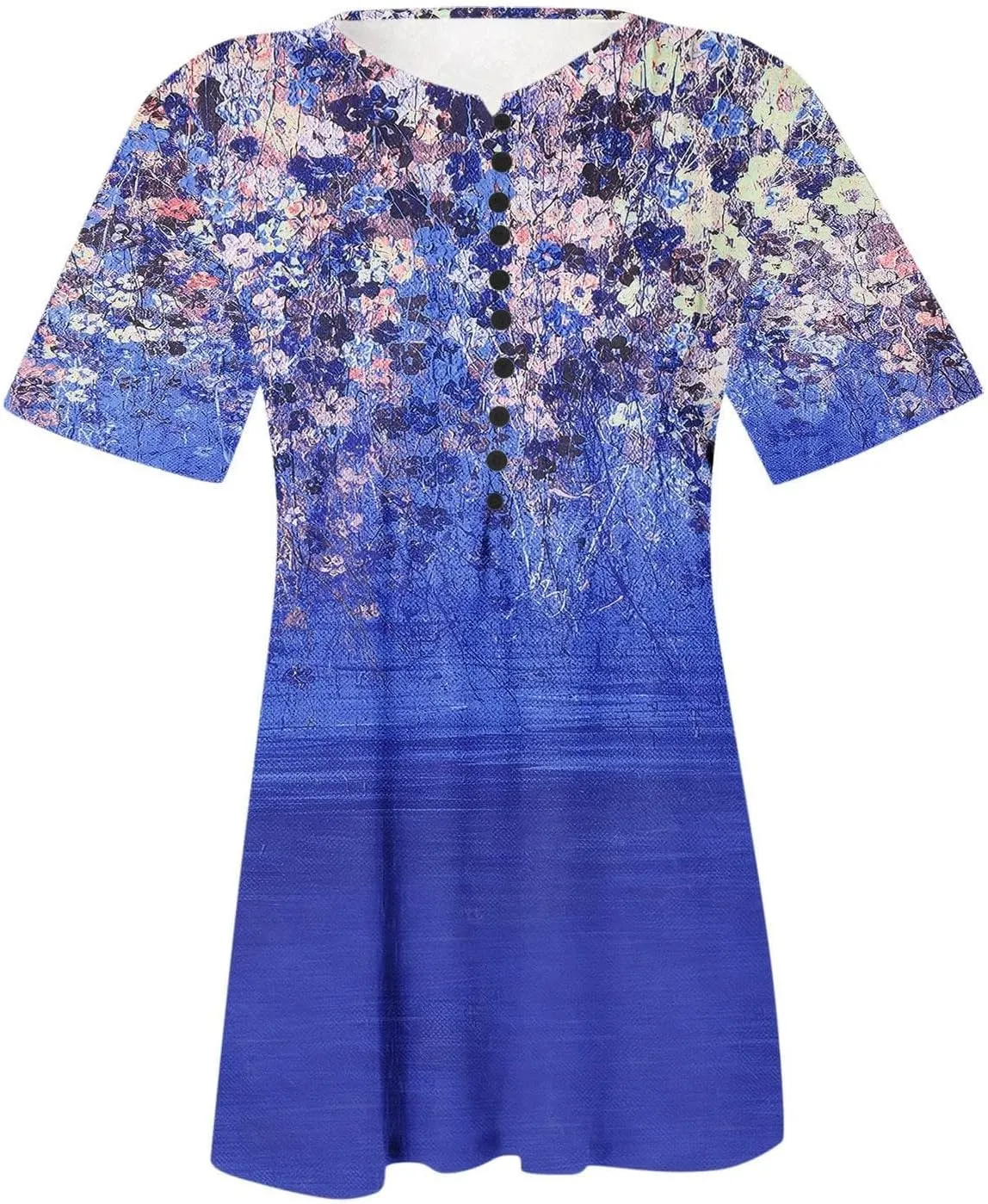 Womens Tunic Tops,Trendy Boho Floral Mosaic Tunic Shirts Short Sleeve Button Vneck Tshirt Casual Relaxed Blouse