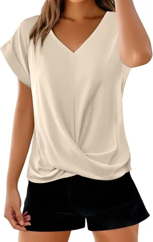 Womens V Neck Summer Tops 2025 Casual Twist Front Blouses Short Sleeve Tshirts Loose Fit Tunic Tops Basic Tee Shirts