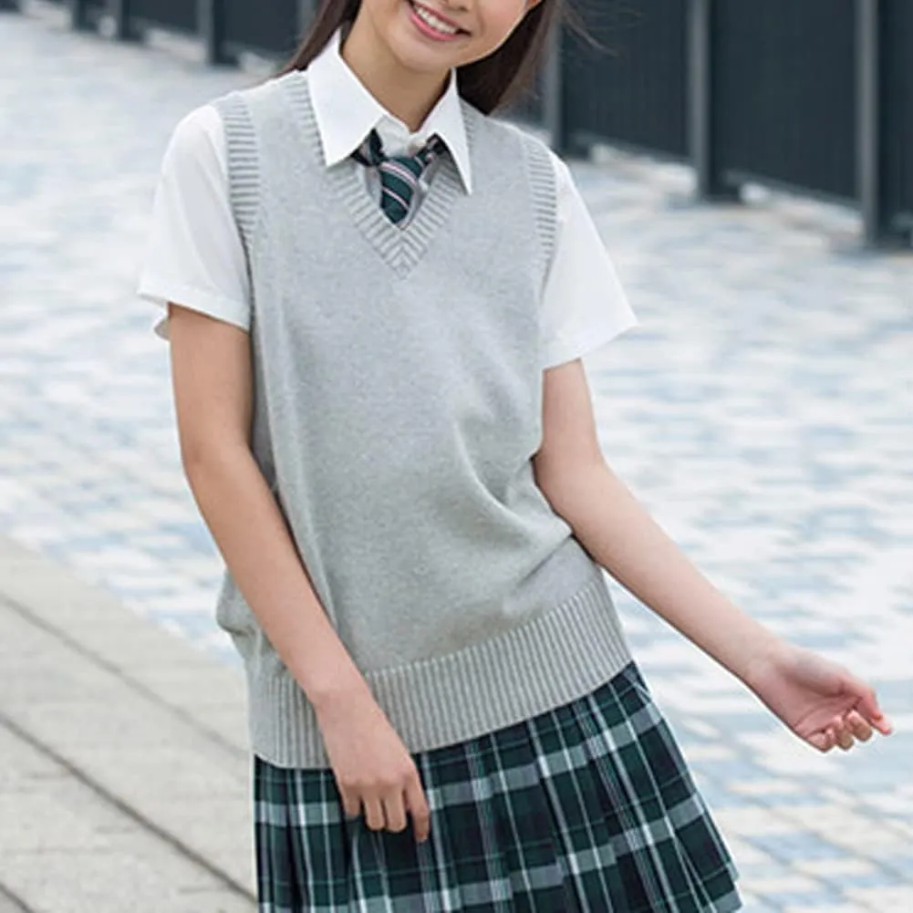 Womens V Neck Sweater Vest School Uniform Solid Color Sleeveless Knit Sweaters Pullover Tank Tops