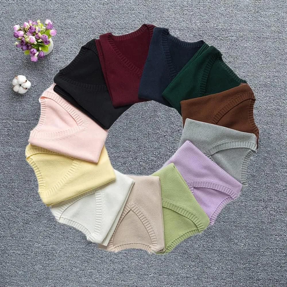 Womens V Neck Sweater Vest School Uniform Solid Color Sleeveless Knit Sweaters Pullover Tank Tops