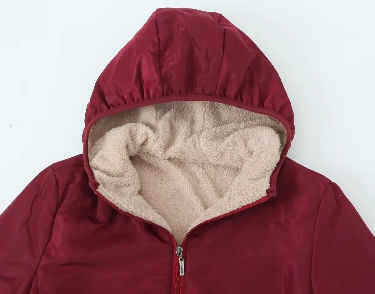 Women's Versatile Hooded Plush Coat Warm Lamb Shacket Fleece Lined Jacket Padded Cotton Zip Up Hoodie Coats