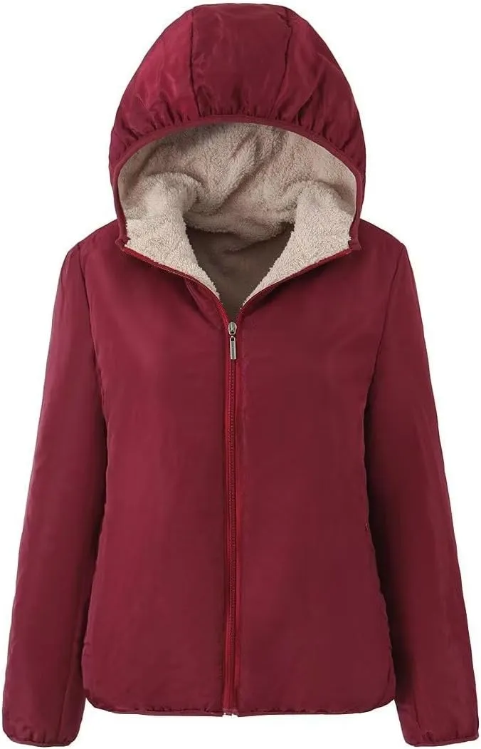 Women's Versatile Hooded Plush Coat Warm Lamb Shacket Fleece Lined Jacket Padded Cotton Zip Up Hoodie Coats