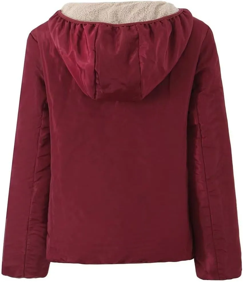 Women's Versatile Hooded Plush Coat Warm Lamb Shacket Fleece Lined Jacket Padded Cotton Zip Up Hoodie Coats