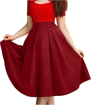 Women's Vintage Pleated Midi Skirt High Waist Button Front 50S 60S Flared A-Line Swing Flowy Skirt with Pockets