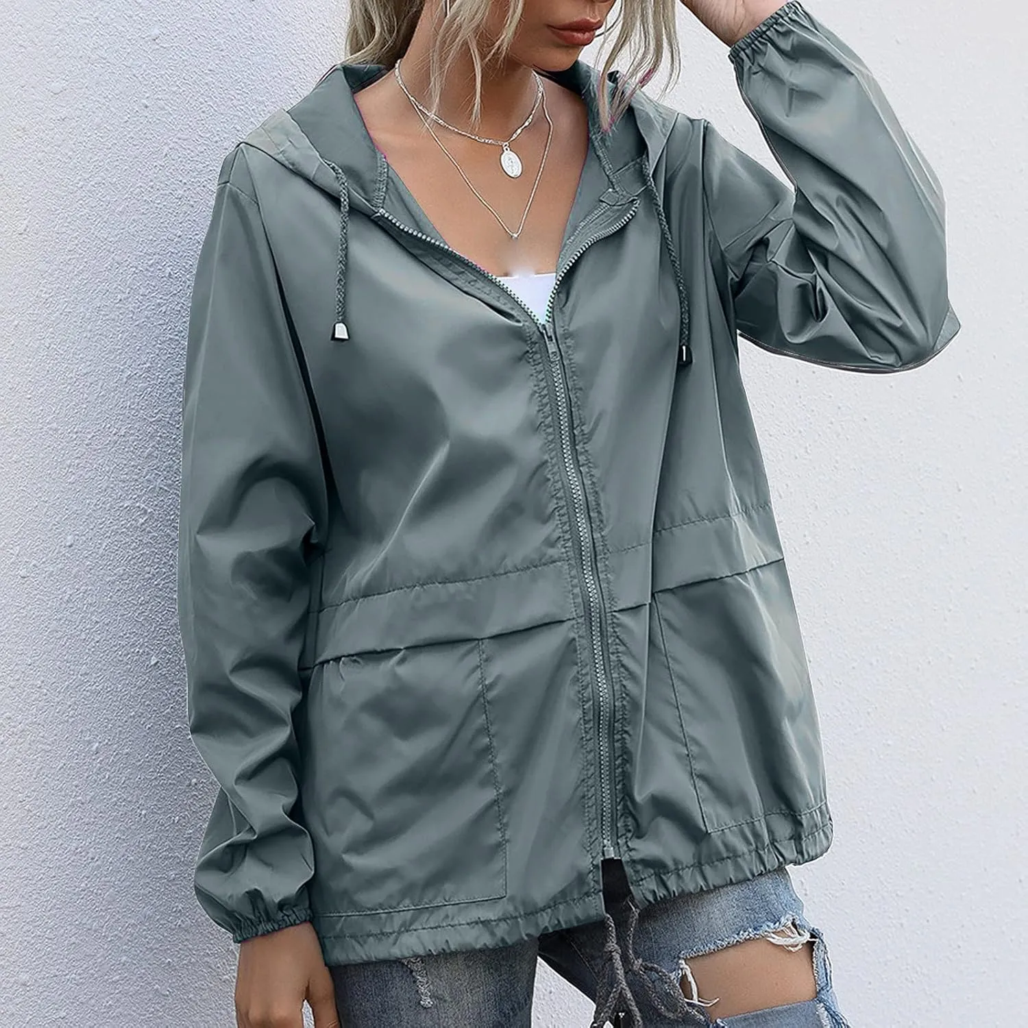 Women's Waterproof Raincoat Lightweight Rain Jacket Hooded Adjustable Windbreaker Rain Coats with Pocket for Outdoor