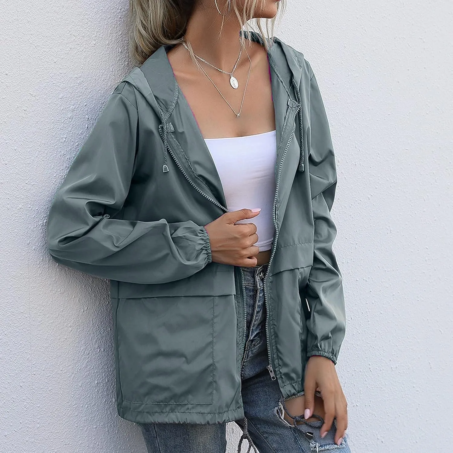 Women's Waterproof Raincoat Lightweight Rain Jacket Hooded Adjustable Windbreaker Rain Coats with Pocket for Outdoor