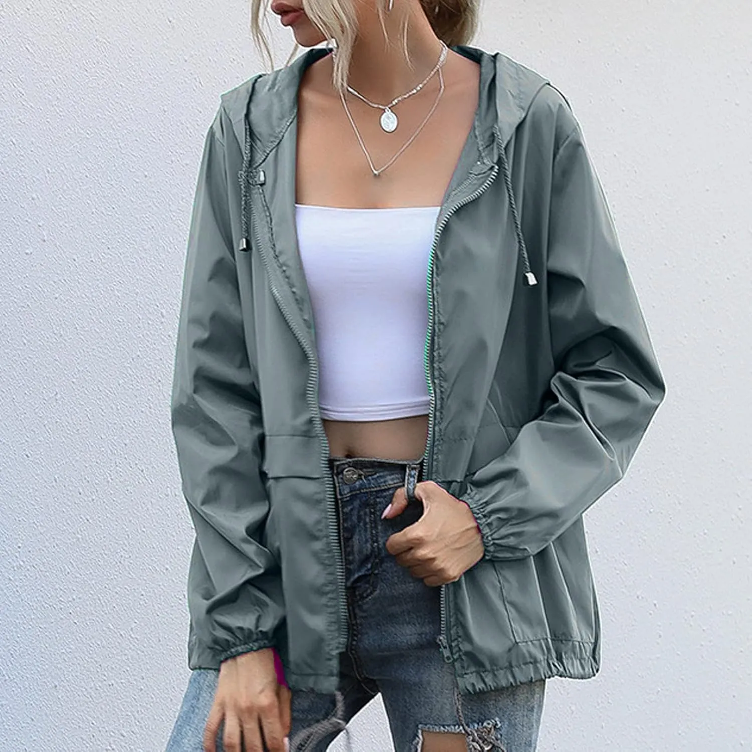 Women's Waterproof Raincoat Lightweight Rain Jacket Hooded Adjustable Windbreaker Rain Coats with Pocket for Outdoor