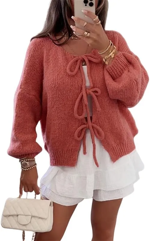 Women's Y2k Tie Front Knit Cardigan Sweater Open Front Long Sleeve Knitted Tops Elegant Going Out Jacket Knitwear