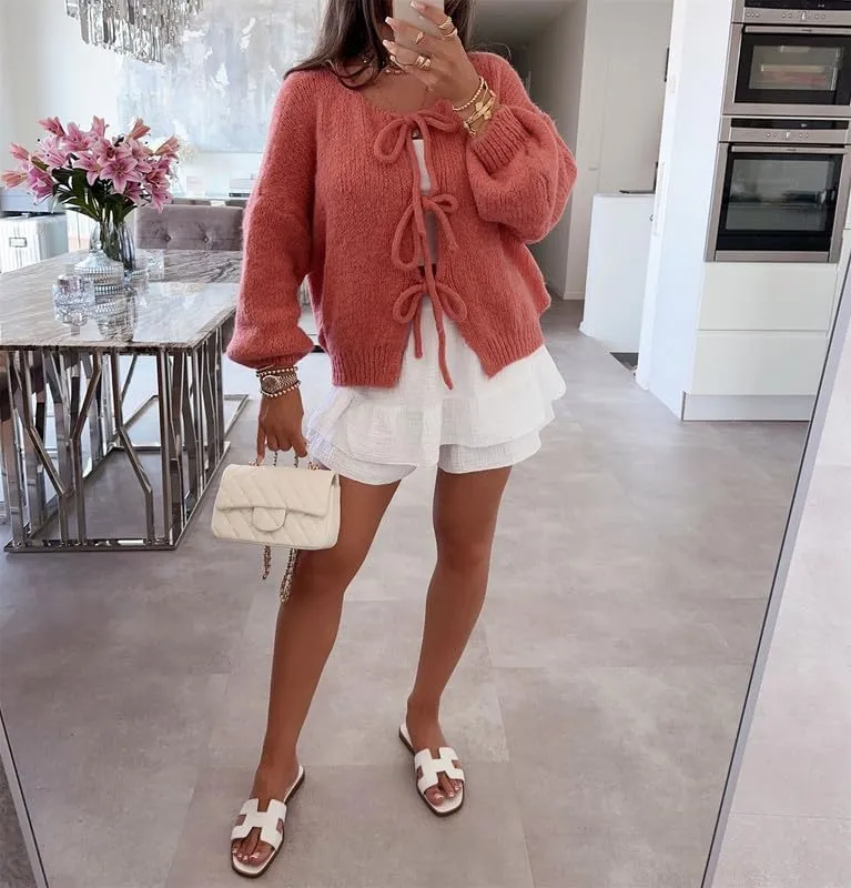 Women's Y2k Tie Front Knit Cardigan Sweater Open Front Long Sleeve Knitted Tops Elegant Going Out Jacket Knitwear