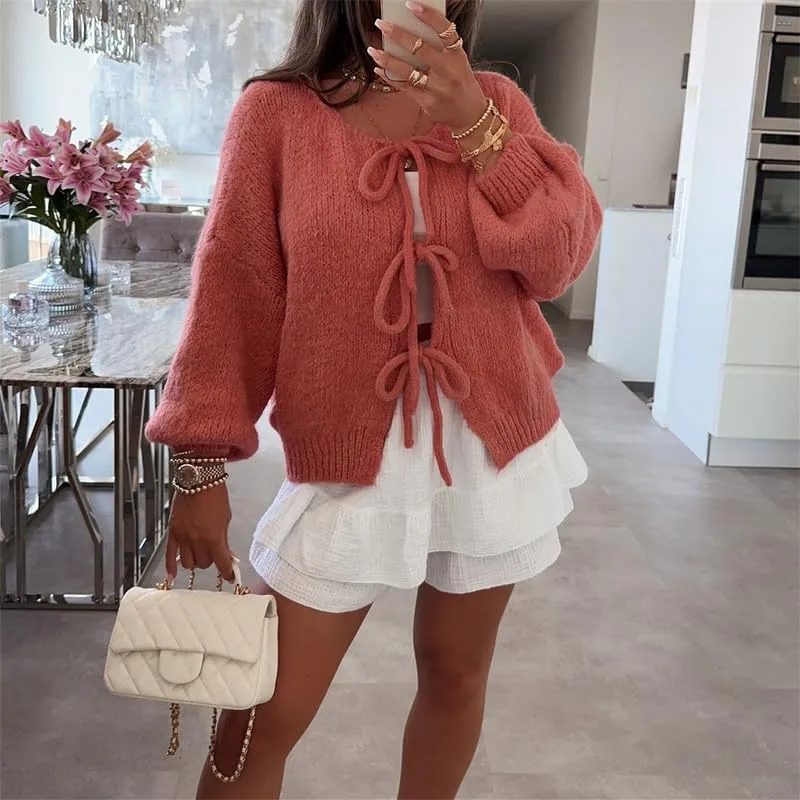 Women's Y2k Tie Front Knit Cardigan Sweater Open Front Long Sleeve Knitted Tops Elegant Going Out Jacket Knitwear