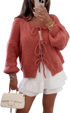 Women's Y2k Tie Front Knit Cardigan Sweater Open Front Long Sleeve Knitted Tops Elegant Going Out Jacket Knitwear
