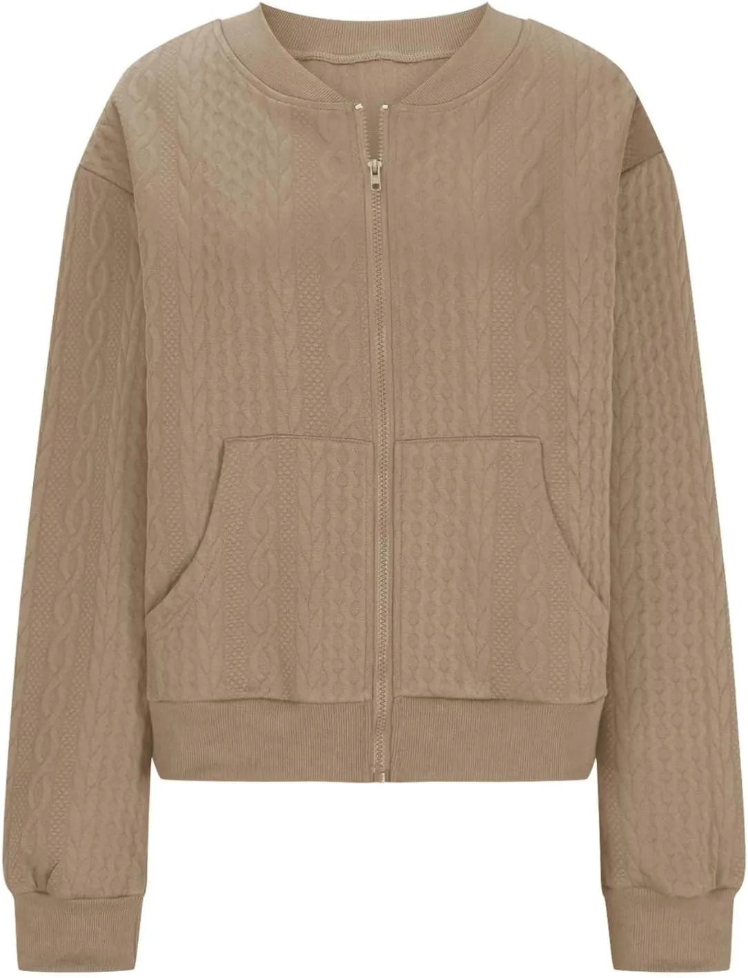 Women's Zip Up Cable Knit Sweater Long Sleeve Open Front Cardigan Warm Cardigan with Pockets Outwear Coats